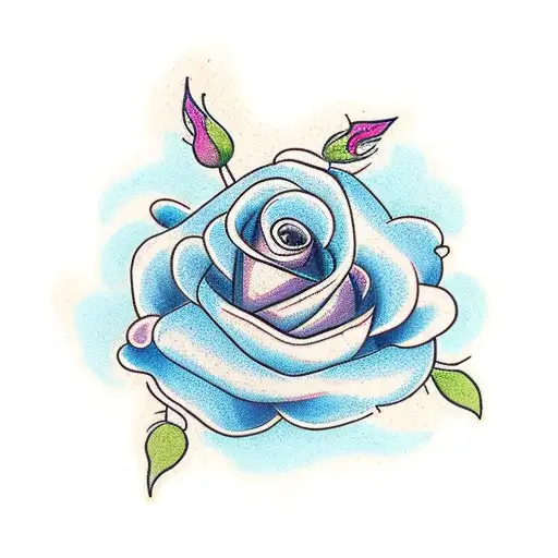 three flowers which are a pink rose, a violet flower, and a blue morning glory arranged together with some leaves tattoo design idea