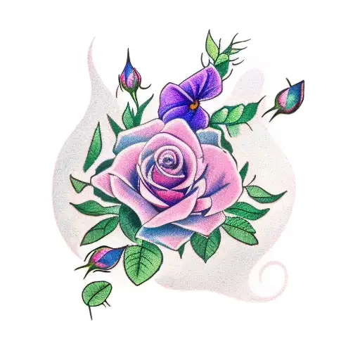 a pink rose, a violet flower, and a blue morning glory arranged together with some leaves tattoo design idea