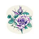 a pink rose, a violet flower, and a blue morning glory arranged together with some leaves tattoo design idea