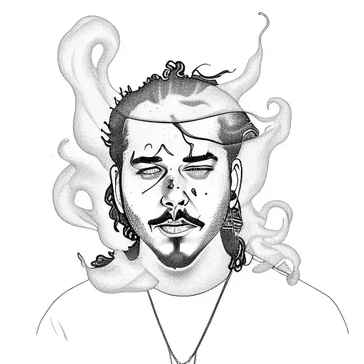 Post Malone lyrics intertwined with smoke and flames tattoo design idea