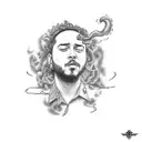 Post Malone lyrics intertwined with smoke and flames tattoo design idea