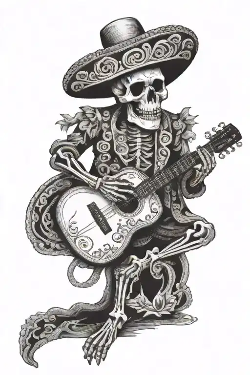 Skeleton in traditional Mexican clothes holding a guitar  tattoo design idea