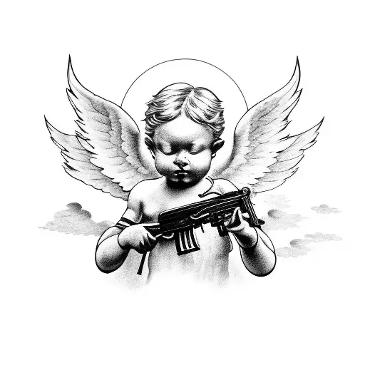 cherub with ak47 and clouds tattoo design idea