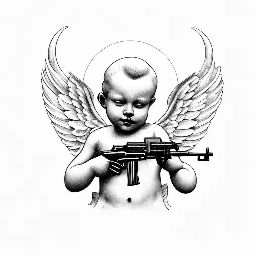 cherub with ak47 and cigar tattoo design idea