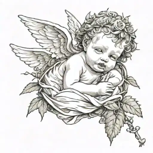 cherub baby with thorns wrapped tattoo design idea