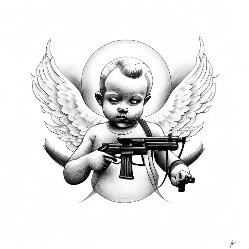 cherub with ak47 and cigar tattoo design idea