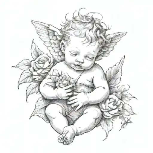 cherub baby with thorns wrapped tattoo design idea