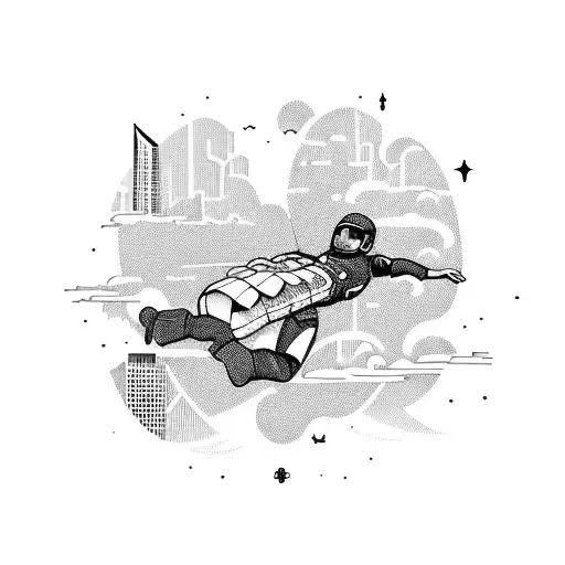 A skydiver floating above a cityscape made of coffee beans tattoo design idea
