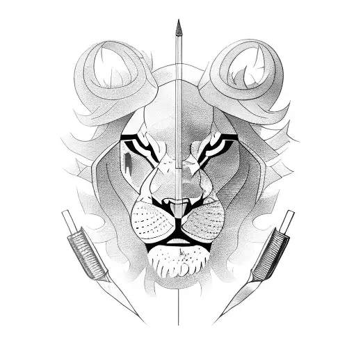 roaring lion, bow and arrow, mechanical components tattoo design idea