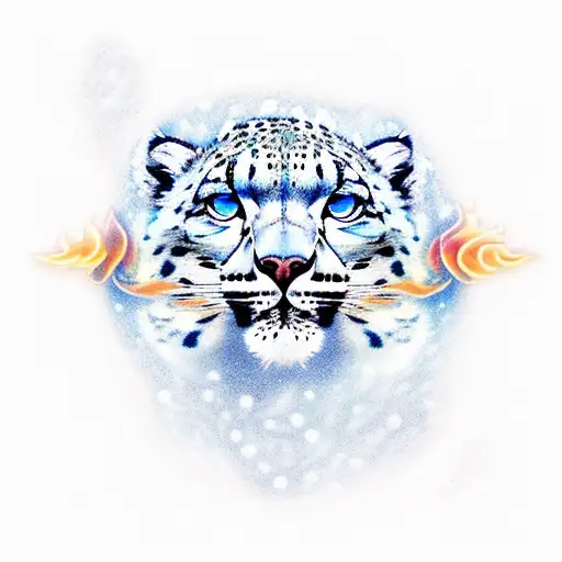 A snow leopard with the elements of snow and fire. With snowflakes and fire. One eye the color of fire and the other the tattoo design idea