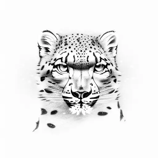 A snow leopard with the elements of snow and fire. With snowflakes and fire. One eye the color of fire and the other the tattoo design idea