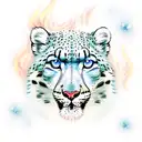 A snow leopard with the elements of snow and fire. With snowflakes and fire. One eye the color of fire and the other the tattoo design idea