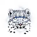 A snow leopard with the elements of snow and fire. With snowflakes and fire. One eye the color of fire and the other the tattoo design idea
