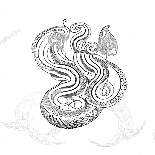 An intricate dotwork design of a snake coiled around a crescent moon tattoo design idea