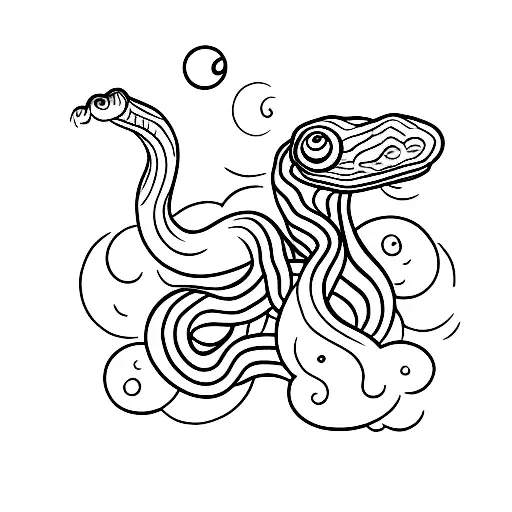 A black and grey tattoo of a snake slithering through a forest with a full moon shining above tattoo design idea