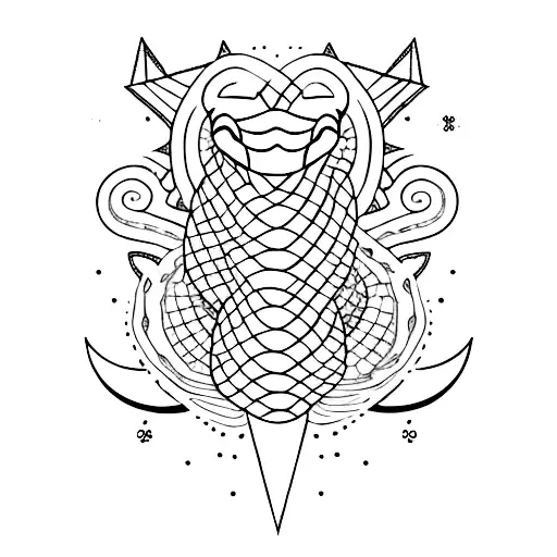 A dotwork design of a snake wrapped around a hiking stick, with a crescent moon hanging from the top tattoo design idea