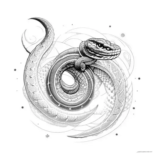 An intricate dotwork design of a snake coiled around a crescent moon tattoo design idea