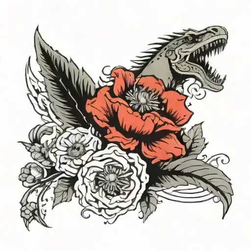 Mythosaur with poppies, lilacs, and alfalfa flowers in it  tattoo design idea