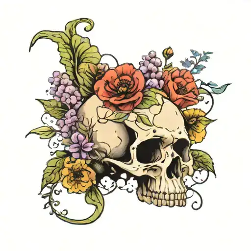 Mythosaur star wars skull with lilacs, poppies, and alfalfa flowers in it tattoo design idea