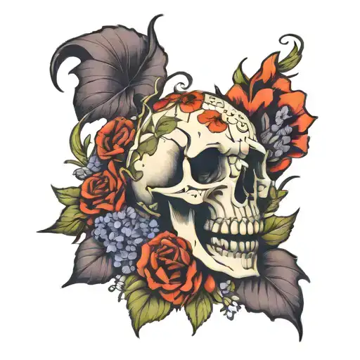 Mythosaur skull with lilacs, poppies, and alfalfa flowers in it tattoo design idea