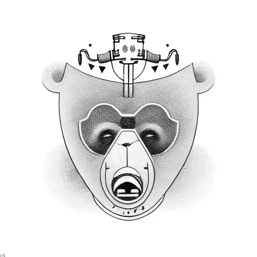 A jazz band composed of bear musicians playing instruments from different historical periods, with comedy and tragedy masks in the background. tattoo design idea