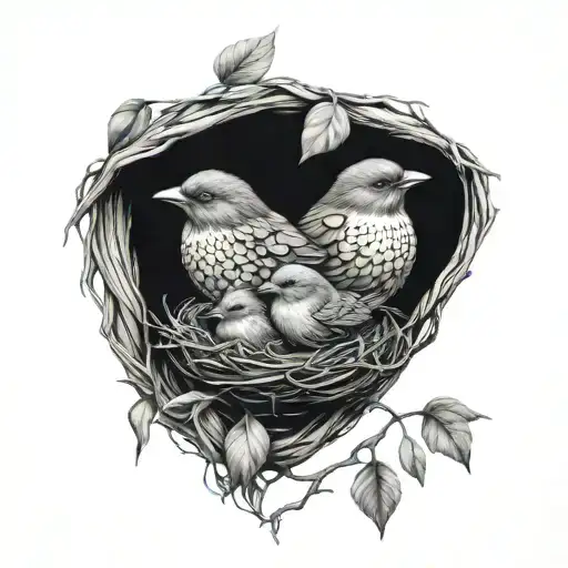 A tattoo design of a mother bird protecting her two baby birds in a nest, representing the nurturing and protective nature of a mother tattoo design idea