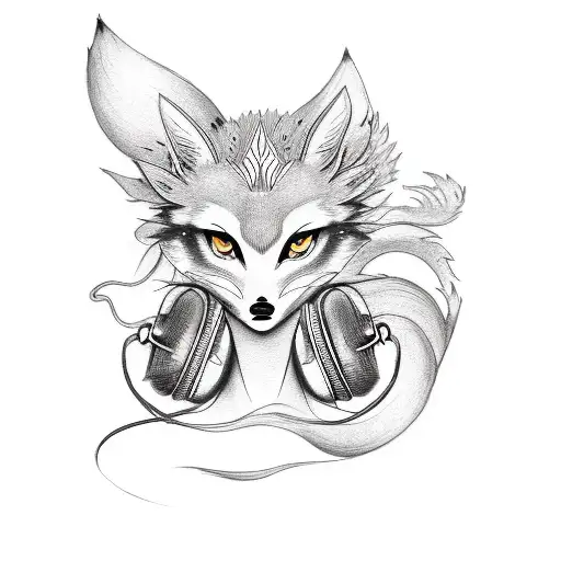 A fashion model wearing headphones with a 9-tailed fox goddess tattooed on her arm tattoo design idea