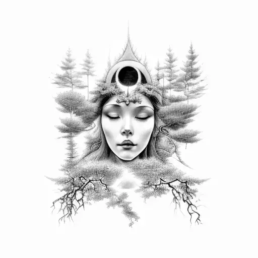 A black-grey tattoo of a serene forest scene with a goddess of light emerging from the trees tattoo design idea