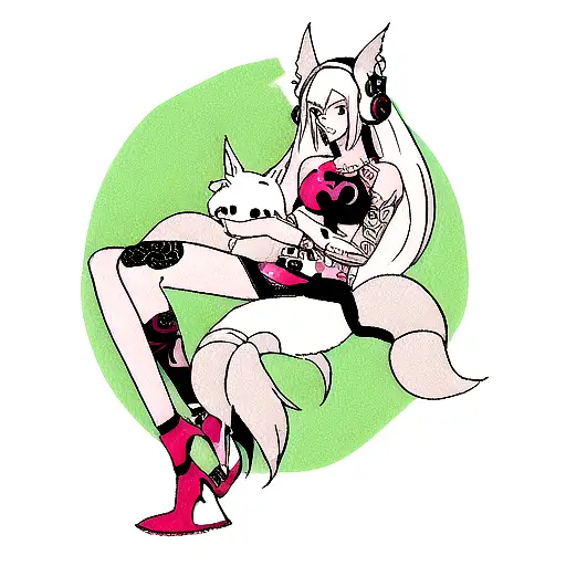 A fashion model wearing headphones with a 9-tailed fox goddess tattooed on her arm tattoo design idea