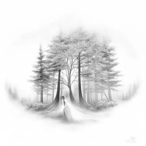 A black-grey tattoo of a serene forest scene with a goddess of light emerging from the trees tattoo design idea