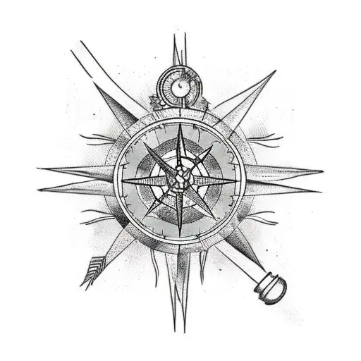 lantern and a compass and a clipper ship, and palm trees tattoo design idea