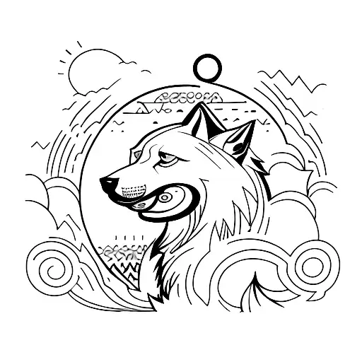 A minimalist tattoo of a wolf howling at a Jamaican sunset tattoo design idea