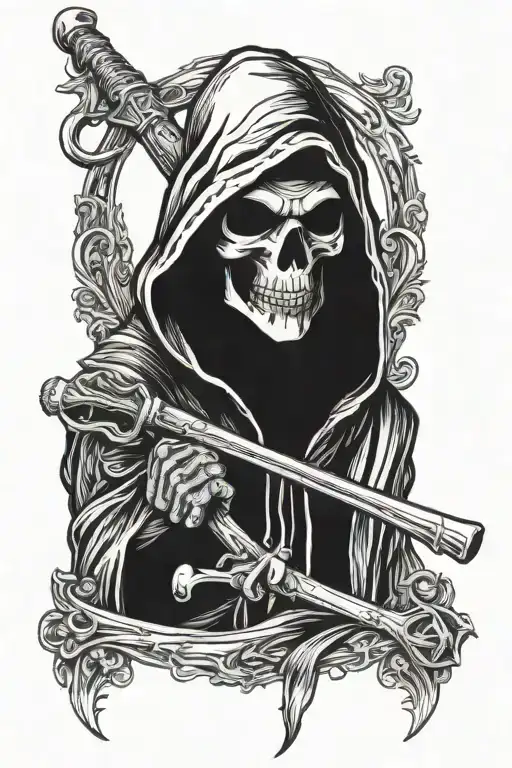 grim reaper face with hood holding a bow tattoo design idea