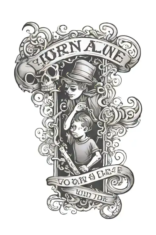  a kid alone in a dark area or a room representing loneliness with the wording “your born alone you die alone"  tattoo design idea