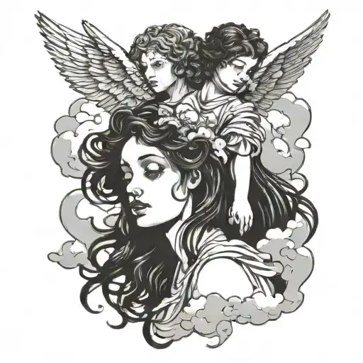angels and clouds tattoo design idea