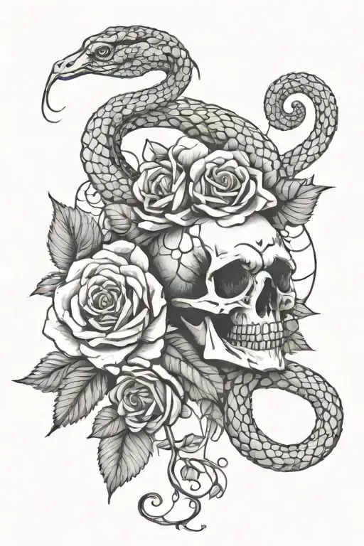 snake wrapped loosely with rose in the middle and part of snake skeleton showing  tattoo design idea