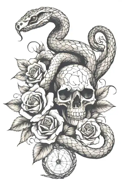 snake wrapped loosely with rose in the middle and part of snake skeleton showing  tattoo design idea