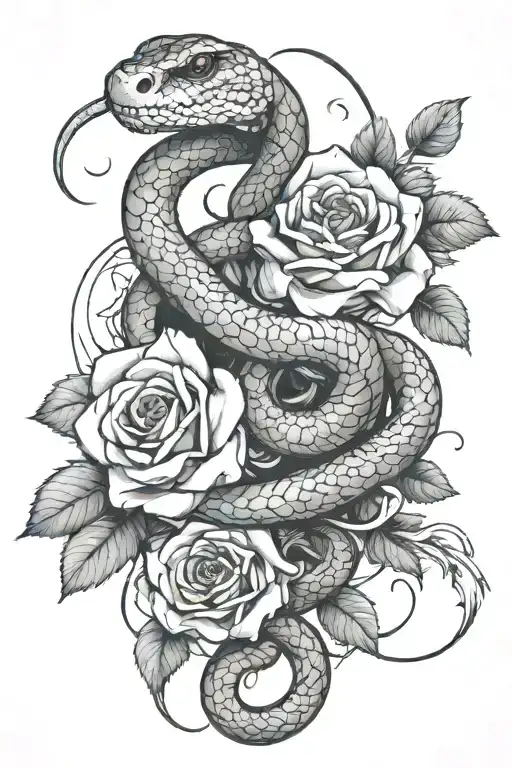 snake wrapped loosely with rose in the middle and part of snake skeleton showing  tattoo design idea