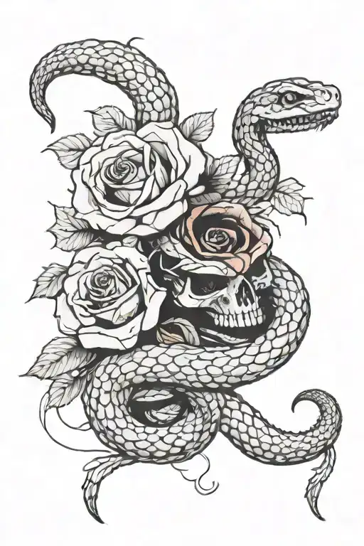 snake wrapped loosely with rose in the middle and part of snake skeleton showing  tattoo design idea