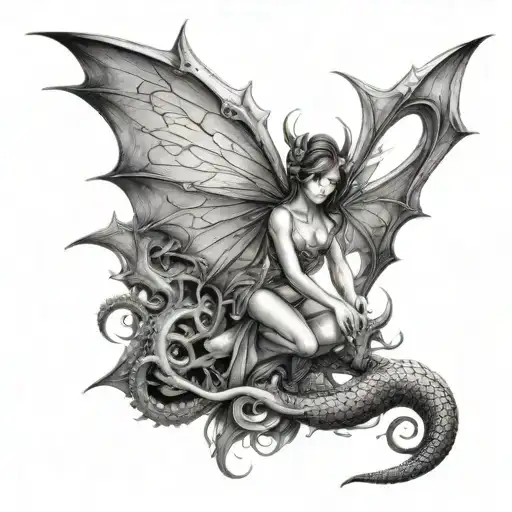 fairy surrounded by dragon wrapped tattoo design idea