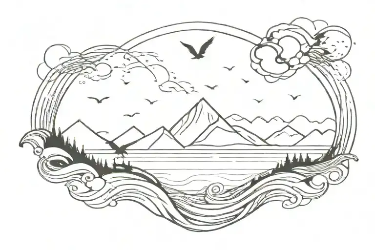 ocean waves forming the shape, mountains, sun, rain, ravens tattoo design idea
