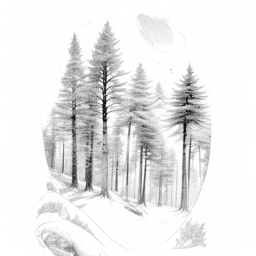 A hiking trail winding through a forest of pine trees tattoo design idea