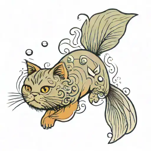 A minimalist tattoo design of persian cat chasing a beta fish tattoo design idea