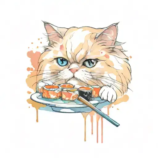 persian cat eating sushi tattoo design idea