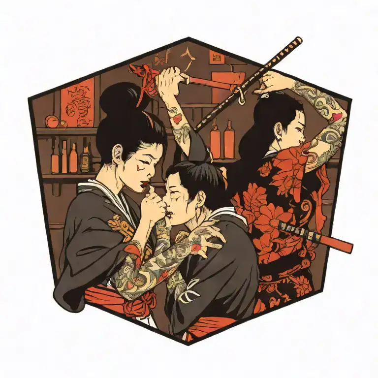 a protestant woman and a catholic woman fighting in a bar tattoo design idea