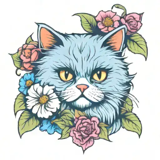 persian cat and flowers tattoo design idea