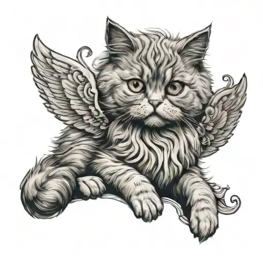 grey tabby persian cat with copper eyes  with angel wings tattoo design idea