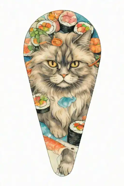 persian cat and sushi tattoo design idea
