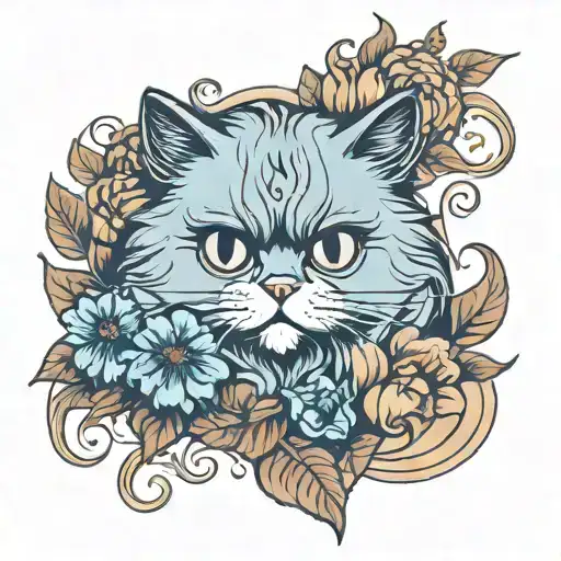 persian cat and flowers tattoo design idea