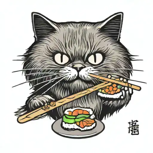 persian cat eating sushi tattoo design idea